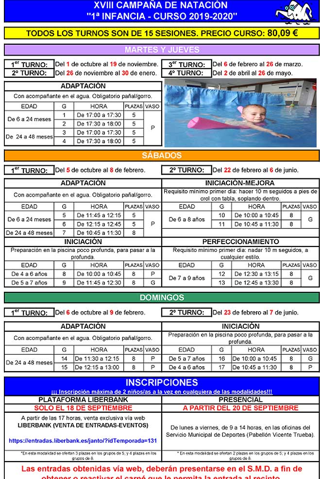 El día 18 comienza la inscripción para la XVIII Campaña de Natación 1ª Infancia Curso 2019-2020 NatacionCampana20192020