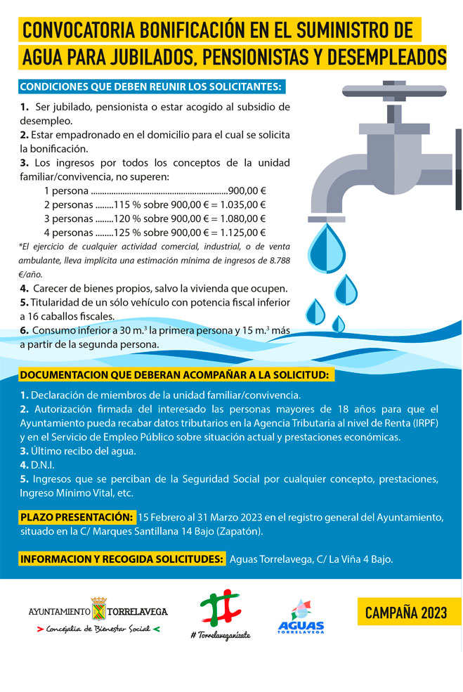 Abierto el plazo de solicitud de bonificación del agua, alcantarillado y recogida de residuos sólidos urbanos BonificacionAgua23