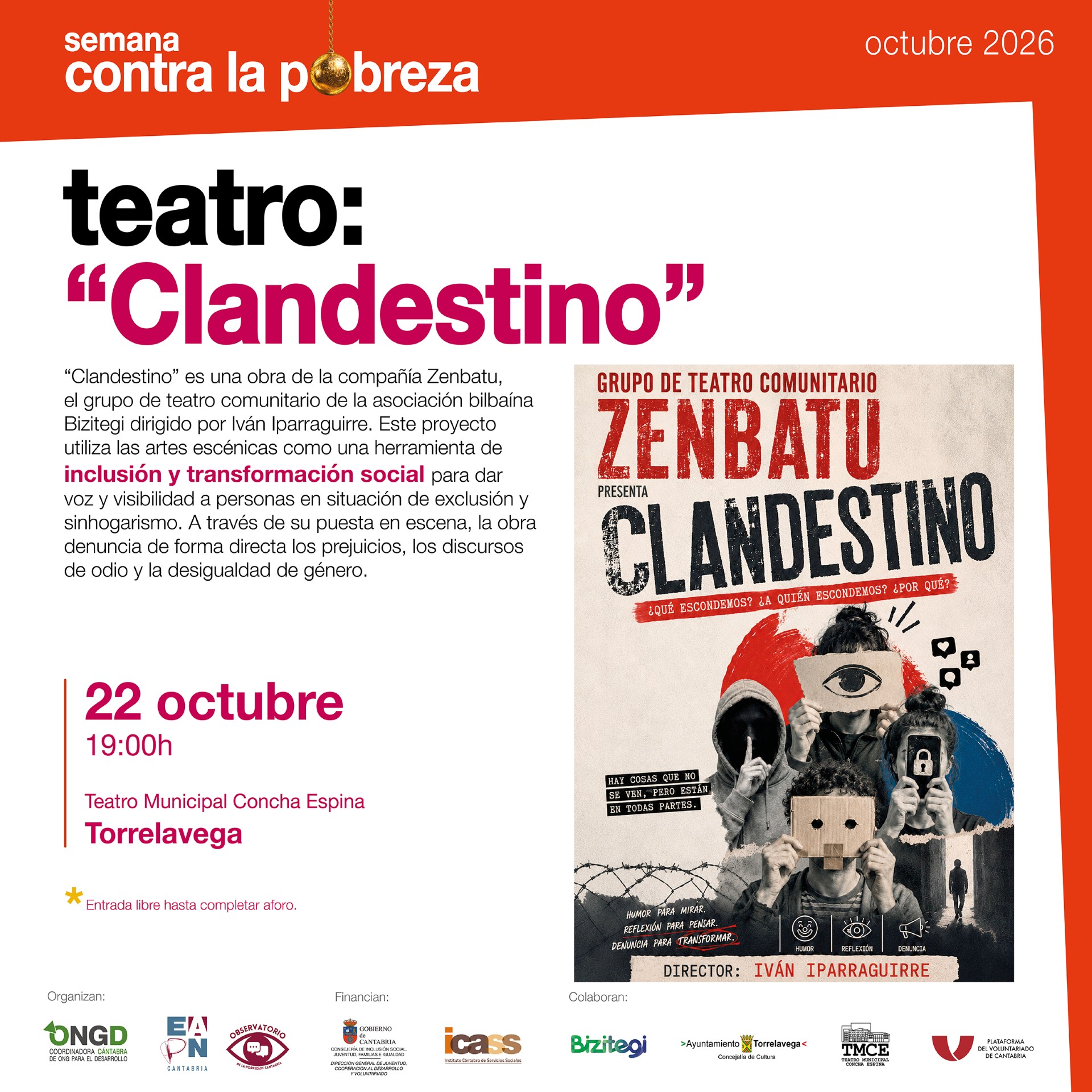 El Concha Espina acoge el 22 de octubre la obra ‘Clandestino’, dentro de la Semana contra la Pobreza